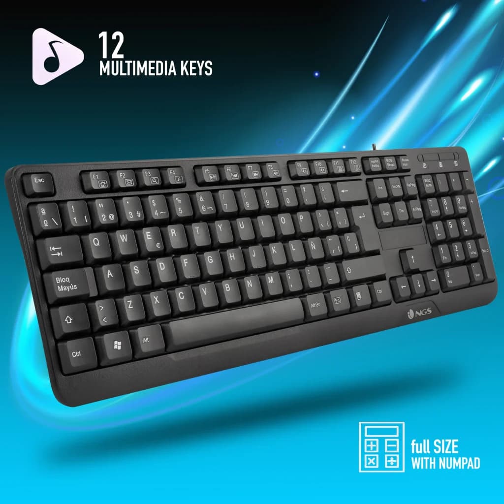 Teclado NGS Funky V3 AZERTY Preto USB, vista em perspectiva: 12 teclas multimédia e teclado numérico completo