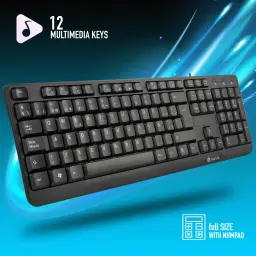 Teclado NGS Funky V3 AZERTY Preto USB, vista em perspectiva: 12 teclas multimédia e teclado numérico completo