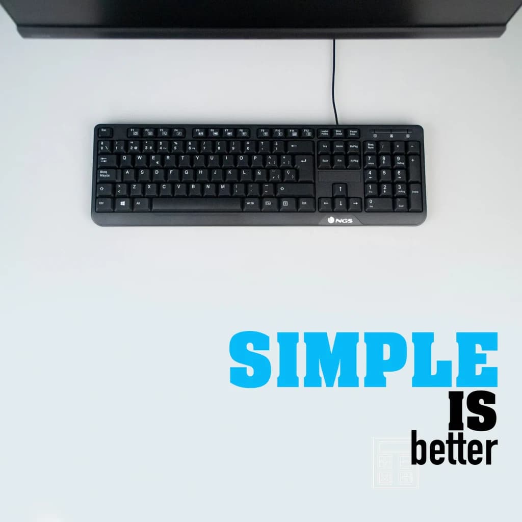 Teclado NGS Funky V3 AZERTY Preto USB, vista superior: teclado completo com cabo sob monitor e slogan Simple is better