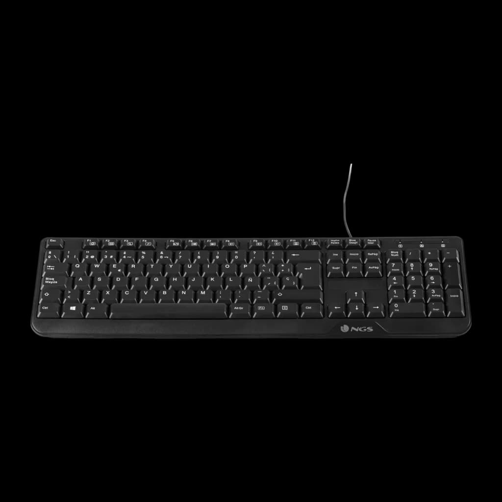 Teclado NGS Funky V3 AZERTY Preto USB, vista superior: disposição completa das teclas e cabo USB visível