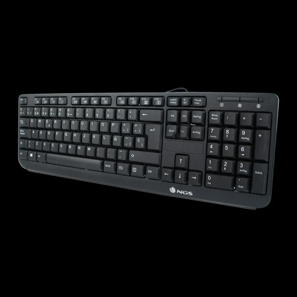Teclado NGS Funky V3 AZERTY Preto USB, vista em perspectiva: teclas brancas, teclado numérico e logótipo NGS