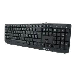 Teclado NGS Funky V3 AZERTY Preto USB, vista em perspectiva: teclas brancas, teclado numérico e logótipo NGS