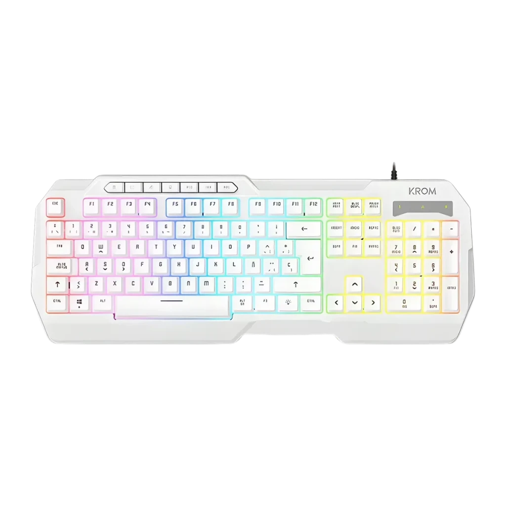 Pack Gaming Krom Kenta 4 em 1 USB Com Fios Teclado Membrana 104 Teclas 7200 DPI Branco, vista superior: retroiluminação RGB