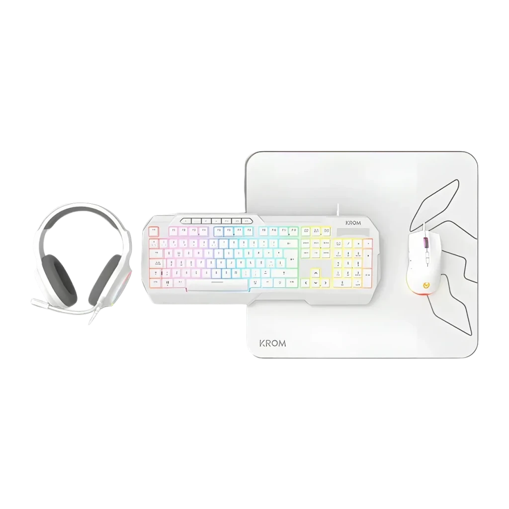 Pack Gaming Krom Kenta 4 em 1 USB Com Fios Teclado Membrana 104 Teclas 7200 DPI Branco, vista superior: teclado RGB, rato
