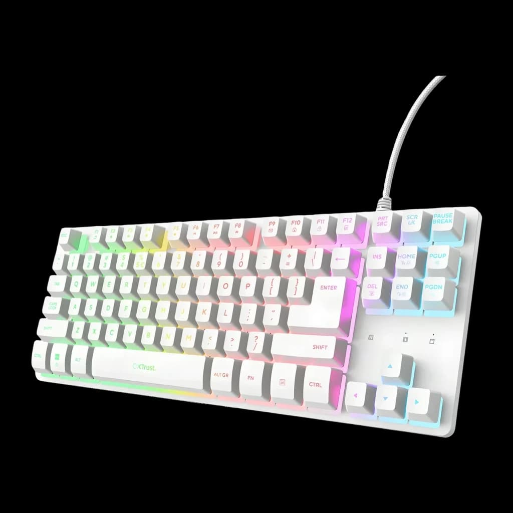 Teclado Gaming Trust GXT 833W Thado TKL Mecânico RGB Branco, vista em ângulo: teclas brancas com retroiluminação RGB