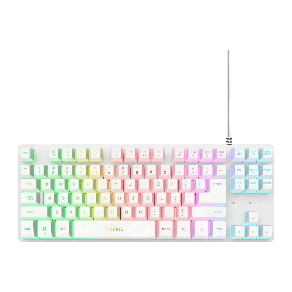 Teclado Gaming Trust GXT 833W Thado TKL Mecânico RGB Branco, vista superior: teclas brancas com retroiluminação RGB