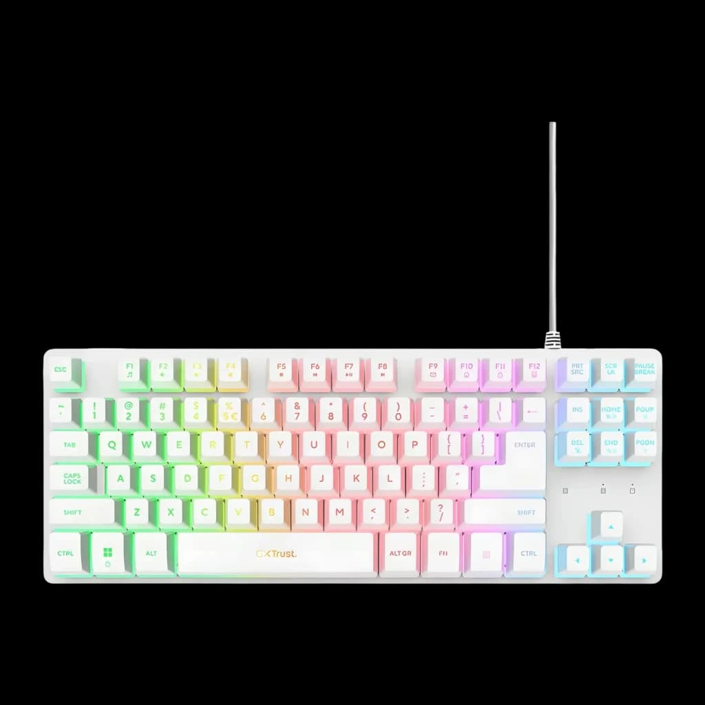 Teclado Gaming Trust GXT 833W Thado TKL Mecânico RGB Branco, vista superior: teclas brancas com retroiluminação RGB