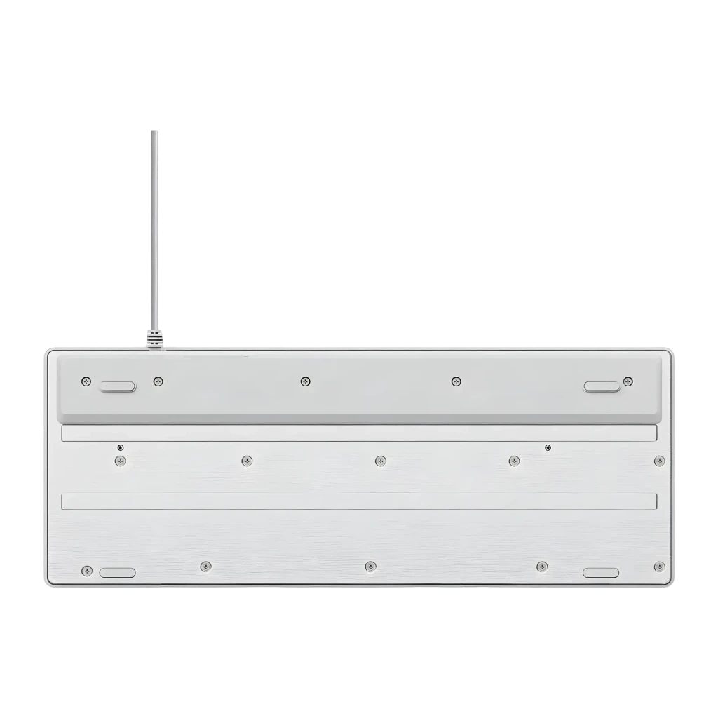 Teclado Gaming Trust GXT 833W Thado TKL Mecânico RGB Branco, vista inferior: base branca com parafusos, pés e cabo USB