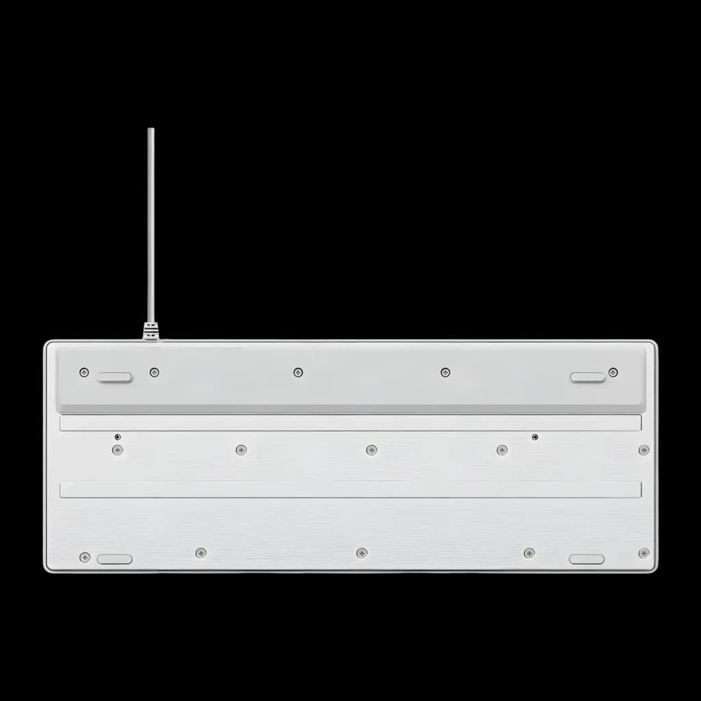 Teclado Gaming Trust GXT 833W Thado TKL Mecânico RGB Branco, vista inferior: base branca com parafusos, pés e cabo USB