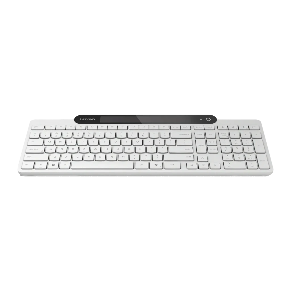 Teclado Lenovo 800 Blanco Bluetooth 5.1 Español, vista frontal: cuerpo blanco con barra negra superior y botón de encendido