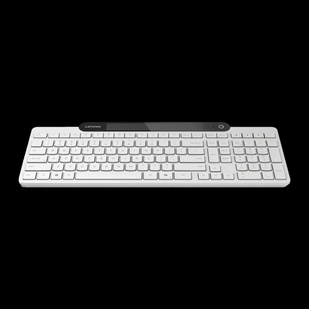Teclado Lenovo 800 Blanco Bluetooth 5.1 Español, vista frontal: cuerpo blanco con barra negra superior y botón de encendido