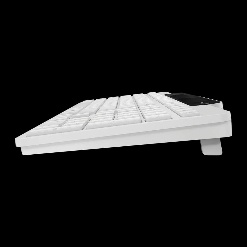 Teclado Lenovo 800 Blanco Bluetooth 5.1 Español, vista lateral: perfil bajo, patas extensibles y receptor USB negro