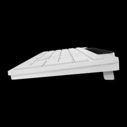 Teclado Lenovo 800 Blanco Bluetooth 5.1 Español, vista lateral: perfil bajo, patas extensibles y receptor USB negro