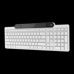 Teclado Lenovo 800 Blanco Bluetooth 5.1 Español, vista en ángulo: teclas blancas, barra superior negra con logo Lenovo