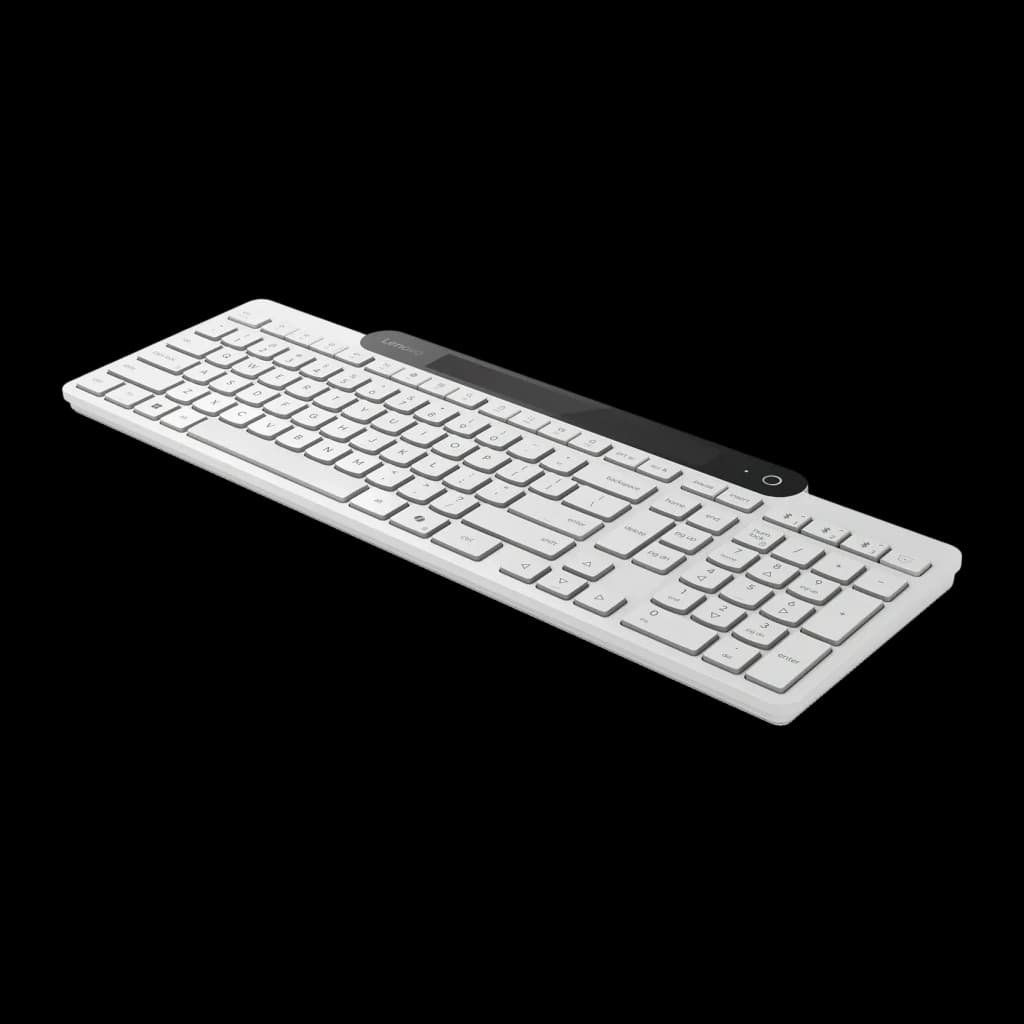 Teclado Lenovo 800 Blanco Bluetooth 5.1 Español, vista en perspectiva: diseño ultradelgado con barra negra superior