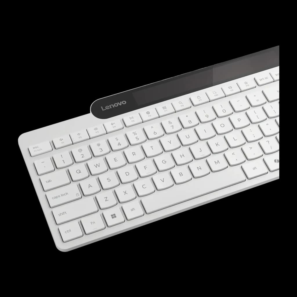 Teclado Lenovo 800 Blanco Bluetooth 5.1 Español, vista en ángulo: panel solar negro superior y teclas blancas con logo Lenovo