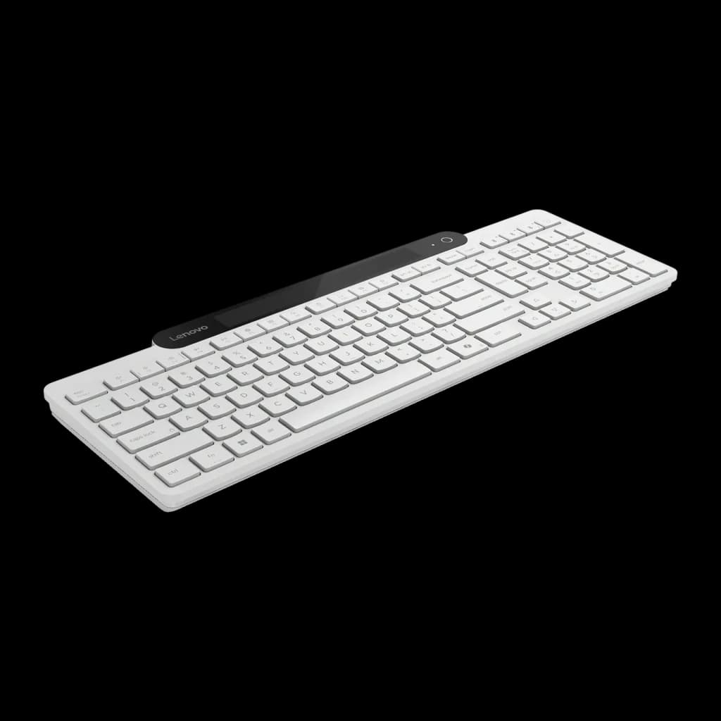 Teclado Lenovo 800 Blanco Bluetooth 5.1 Español, vista lateral: perfil fino con franja negra superior y logo Lenovo