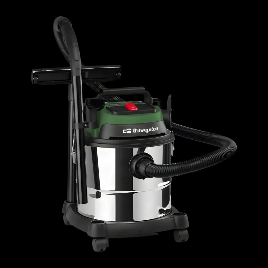Aspirateur solides et liquides Orbegozo Vert 16000Pa 1380W APS 1400, vue latérale: cuve inox, couvercle vert avec bouton