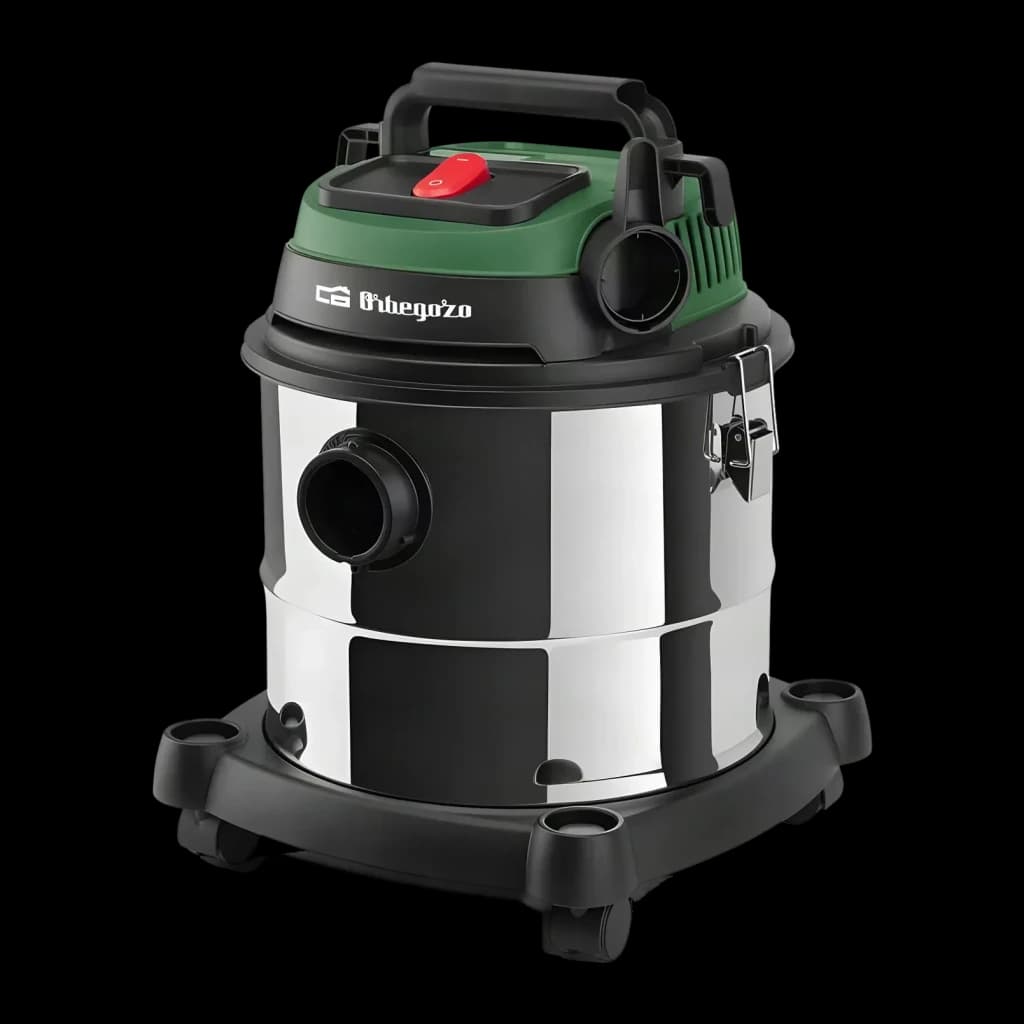 Aspirateur solides et liquides Orbegozo Vert 16000Pa 1380W APS 1400, vue en angle: cuve inox, couvercle vert, bouton rouge