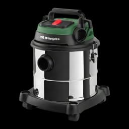 Aspirateur solides et liquides Orbegozo Vert 16000Pa 1380W APS 1400, vue en angle: cuve inox, couvercle vert, bouton rouge