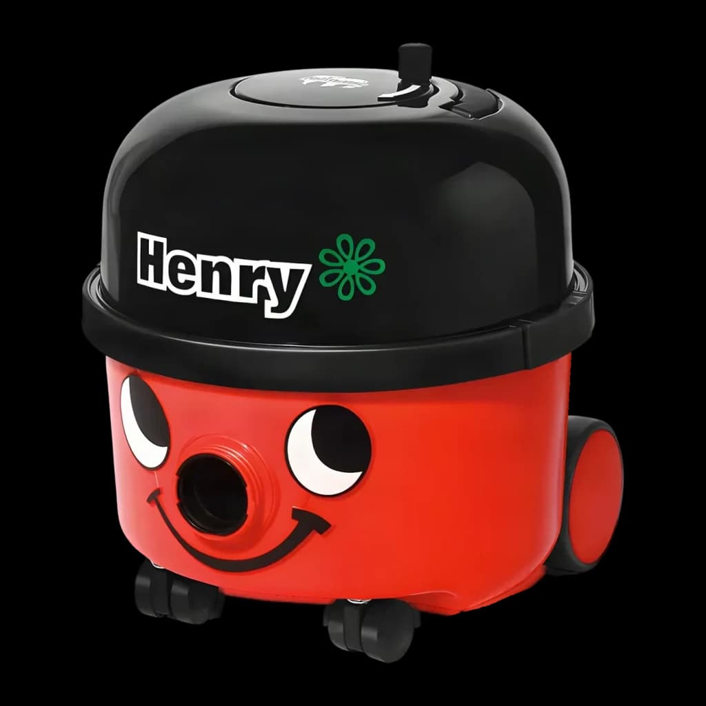 Aspirador de Arrastrar Numatic Henry Vermelho 620W HVR200-12, vista frontal: corpo vermelho com rosto sorridente, tampa