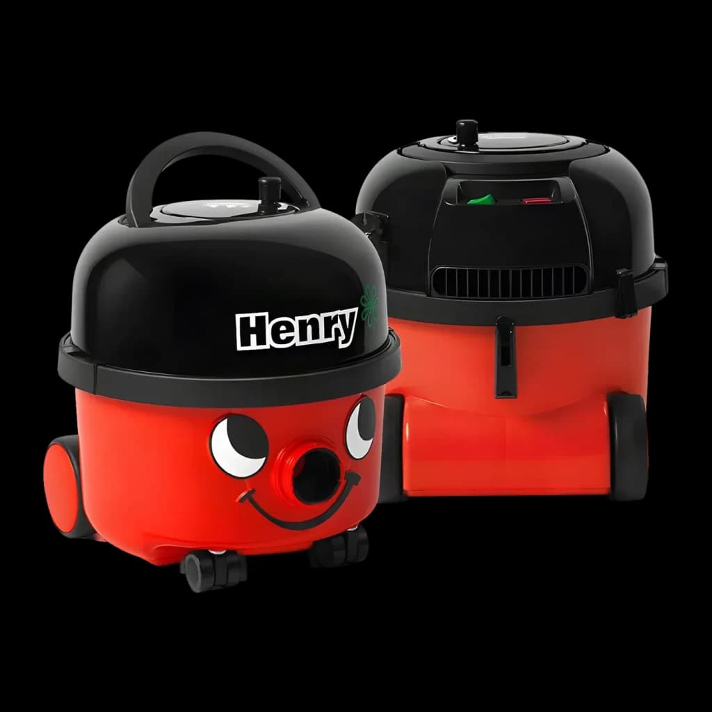 Aspirador de Arrastrar Numatic Henry Vermelho 620W HVR200-12, vistas frontal e traseira: cara sorridente e rodas