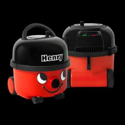 Aspirateur traîneau Numatic Henry Rouge 620W HVR200-12, vues avant et arrière: visage souriant et roues visibles