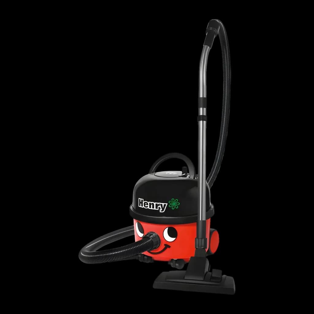 Aspirador de Arrastrar Numatic Henry Vermelho 620W HVR200-12, vista em ângulo: corpo vermelho com rosto sorridente
