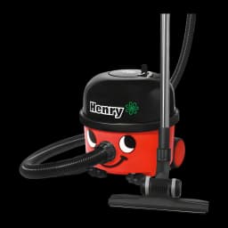 Aspirateur traîneau Numatic Henry Rouge 620W HVR200-12, vue latérale: corps rouge avec visage souriant, capot noir, flexible