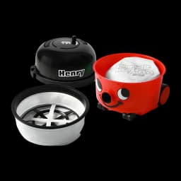 Aspirateur traîneau Numatic Henry Rouge 620W HVR200-12, vue éclatée: corps rouge avec sac HepaFlo, couvercle noir et filtre