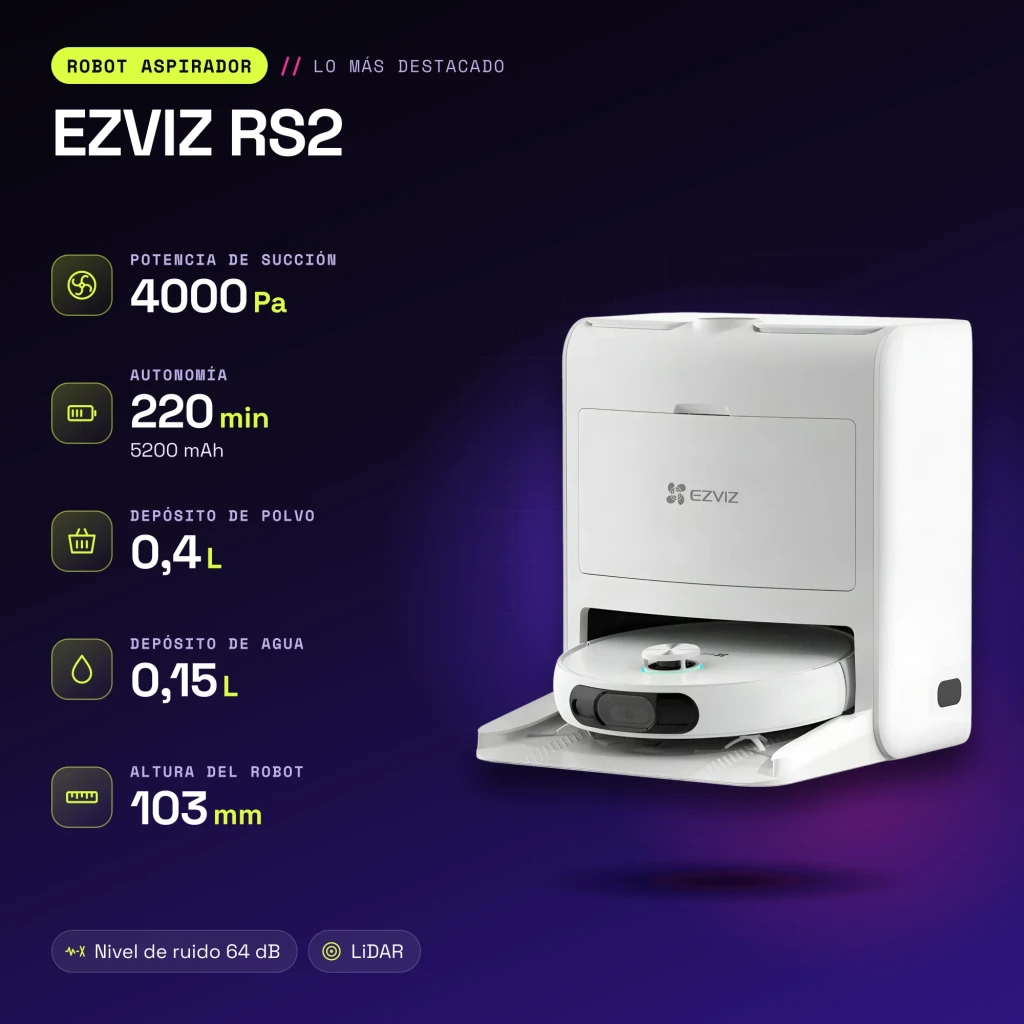 Robot aspirador EZVIZ RS2 Blanco LiDAR D-ToF Friegasuelos Autovaciado 4000Pa - características