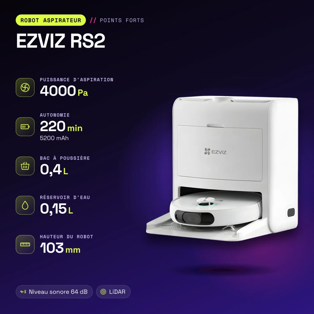 Robot aspirador EZVIZ RS2 Blanco LiDAR D-ToF Friegasuelos Autovaciado 4000Pa - características