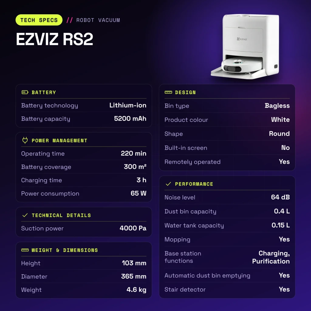 Robot aspirador EZVIZ RS2 Blanco LiDAR D-ToF Friegasuelos Autovaciado 4000Pa - características