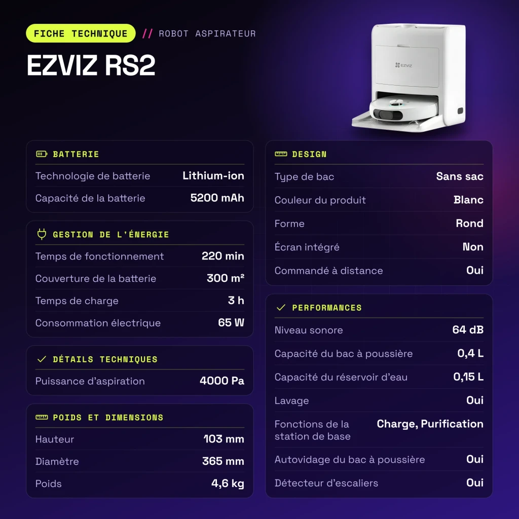 Robot aspirador EZVIZ RS2 Blanco LiDAR D-ToF Friegasuelos Autovaciado 4000Pa - características