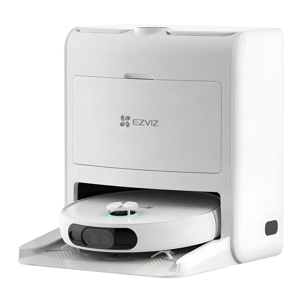 Robot aspirador EZVIZ RS2 Blanco LiDAR D-ToF Friegasuelos Autovaciado 4000Pa, vista frontal en base: robot acoplado