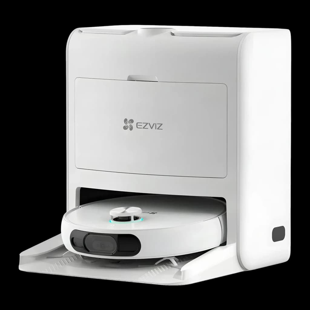 Robot aspirador EZVIZ RS2 Blanco LiDAR D-ToF Friegasuelos Autovaciado 4000Pa, vista frontal en base: robot acoplado