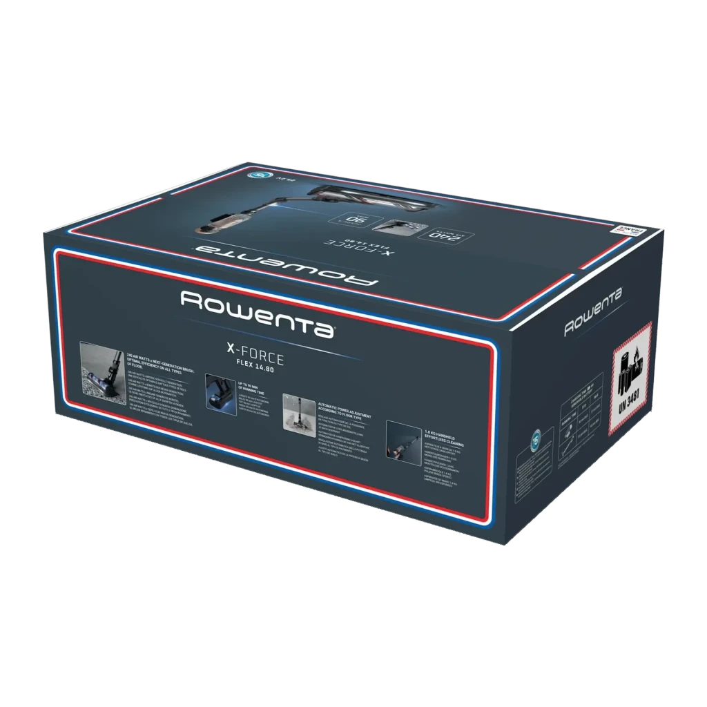 Aspiradora escoba Rowenta X-Force Flex 14.60 Negro/Dorado Sin Cable 240AW RH9B74WO, caja: packaging azul oscuro en ángulo