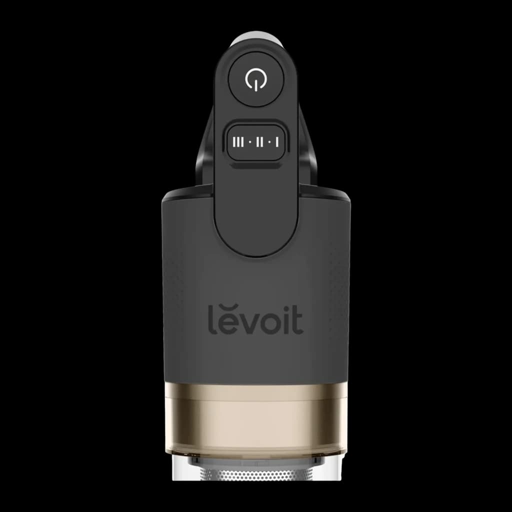 Aspirador Levoit Antracite/Dourado Sem Fios HEPA 5 Etapas 180W 50min LVAC-200, vista frontal: botão de ligar e seletor de 3