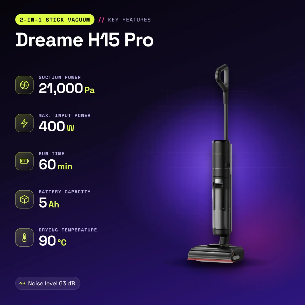 Aspiradora en seco y húmedo Dreame H15 Pro Autolimpieza y Autosecado Sin Cable 21000Pa 400W - características