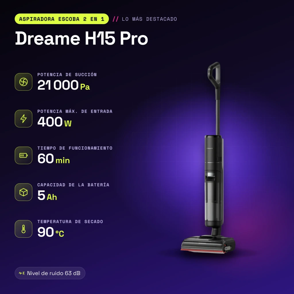 Aspiradora en seco y húmedo Dreame H15 Pro Autolimpieza y Autosecado Sin Cable 21000Pa 400W - características