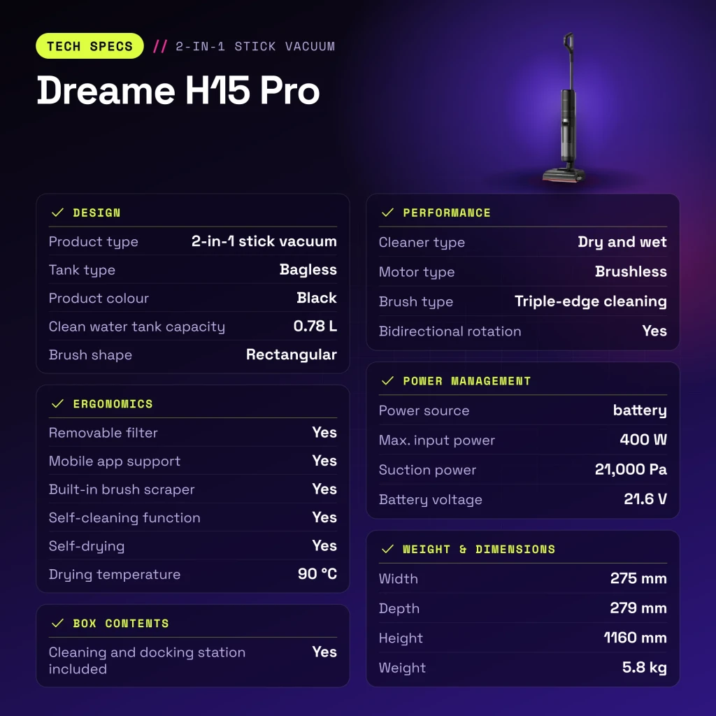 Aspiradora en seco y húmedo Dreame H15 Pro Autolimpieza y Autosecado Sin Cable 21000Pa 400W - características