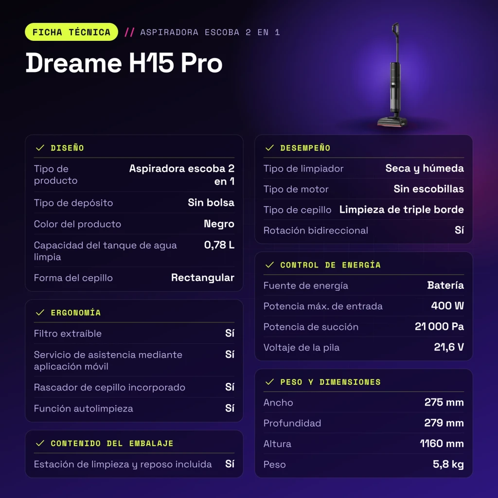 Aspiradora en seco y húmedo Dreame H15 Pro Autolimpieza y Autosecado Sin Cable 21000Pa 400W - características
