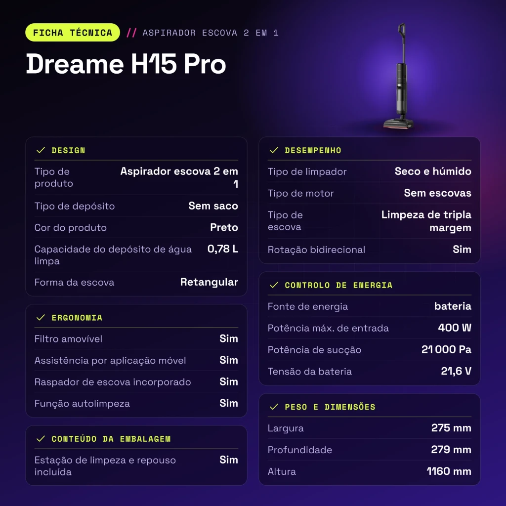 Aspiradora en seco y húmedo Dreame H15 Pro Autolimpieza y Autosecado Sin Cable 21000Pa 400W - características