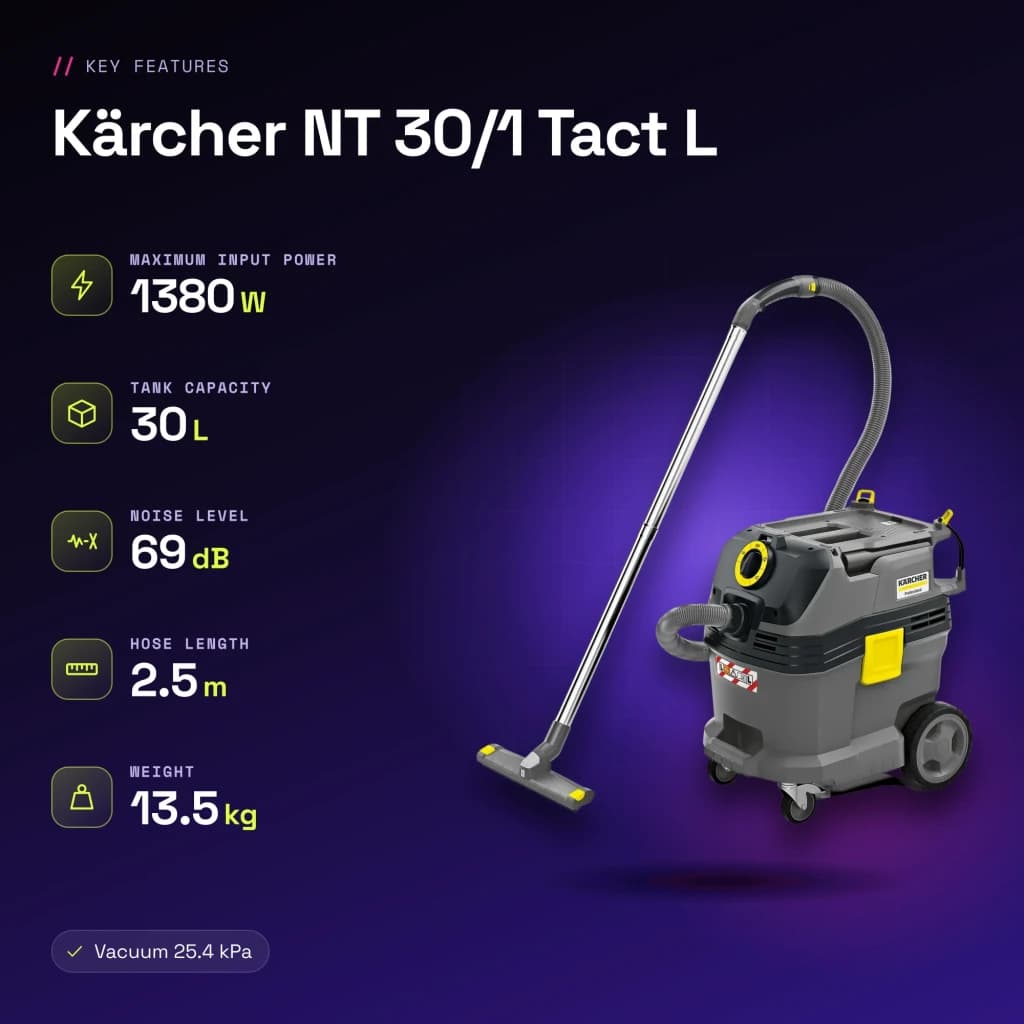 Aspirateur sec et humide Kärcher NT 30/1 Tact L 25,4kPa 1380W - caractéristiques