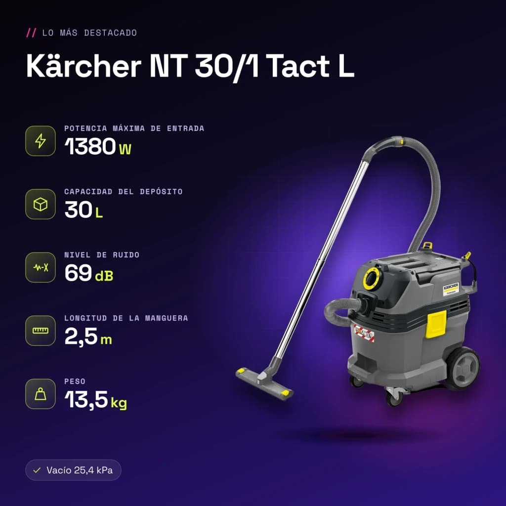 Aspirateur sec et humide Kärcher NT 30/1 Tact L 25,4kPa 1380W - caractéristiques