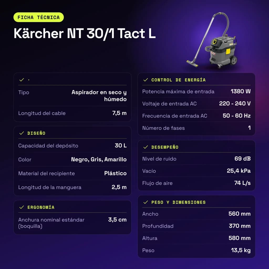 Aspirateur sec et humide Kärcher NT 30/1 Tact L 25,4kPa 1380W - caractéristiques