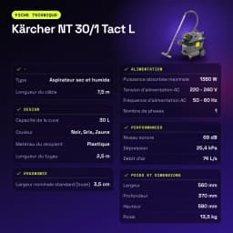 Aspirateur sec et humide Kärcher NT 30/1 Tact L 25,4kPa 1380W - caractéristiques