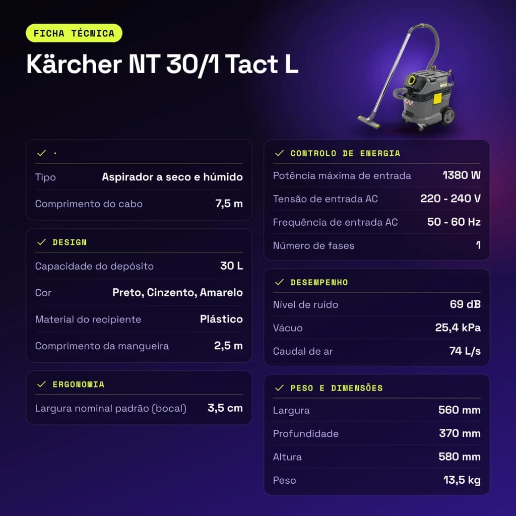 Aspirateur sec et humide Kärcher NT 30/1 Tact L 25,4kPa 1380W - caractéristiques