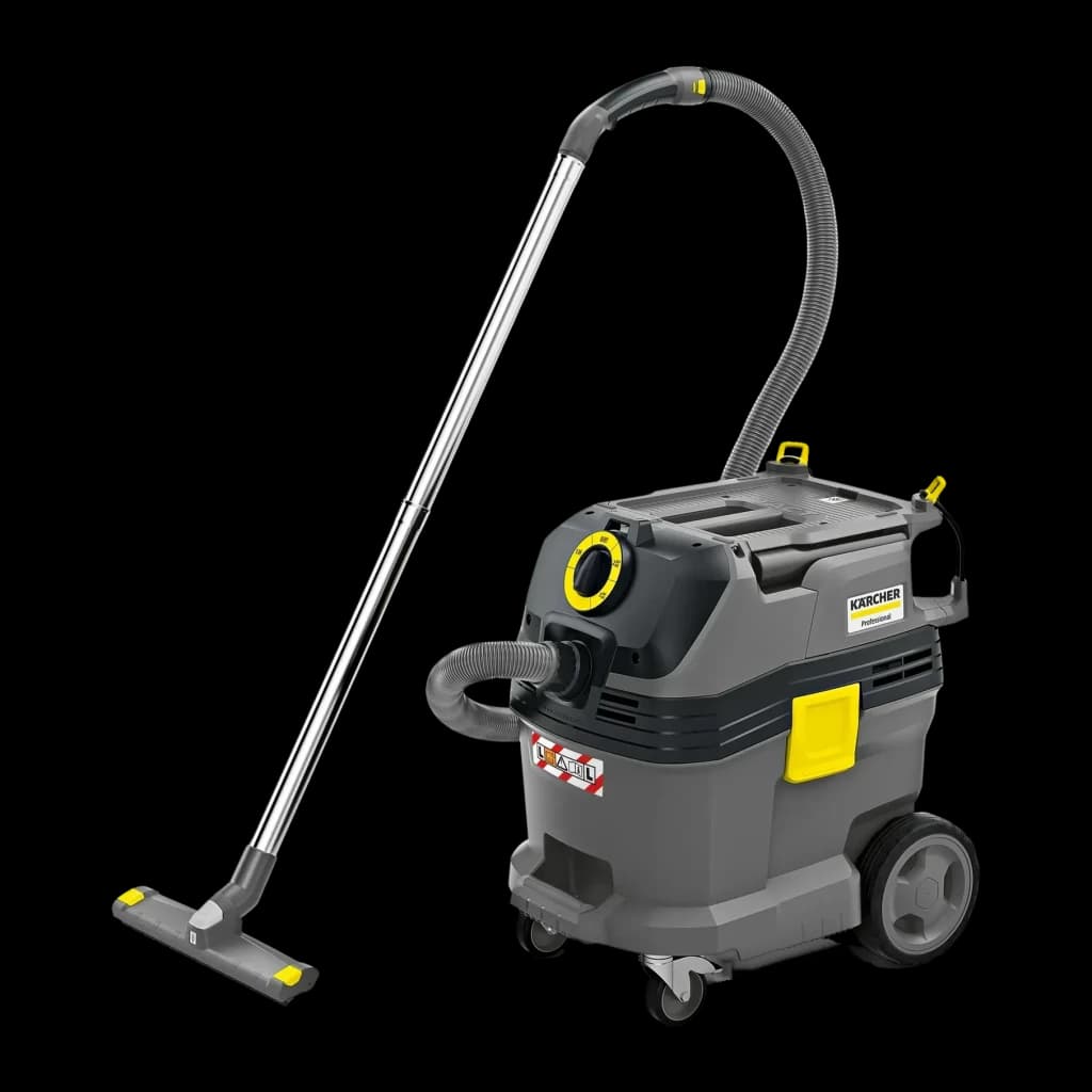 Aspirateur sec et humide Kärcher NT 30/1 Tact L 25,4kPa 1380W, vue latérale: cuve grise avec détails jaunes, flexible