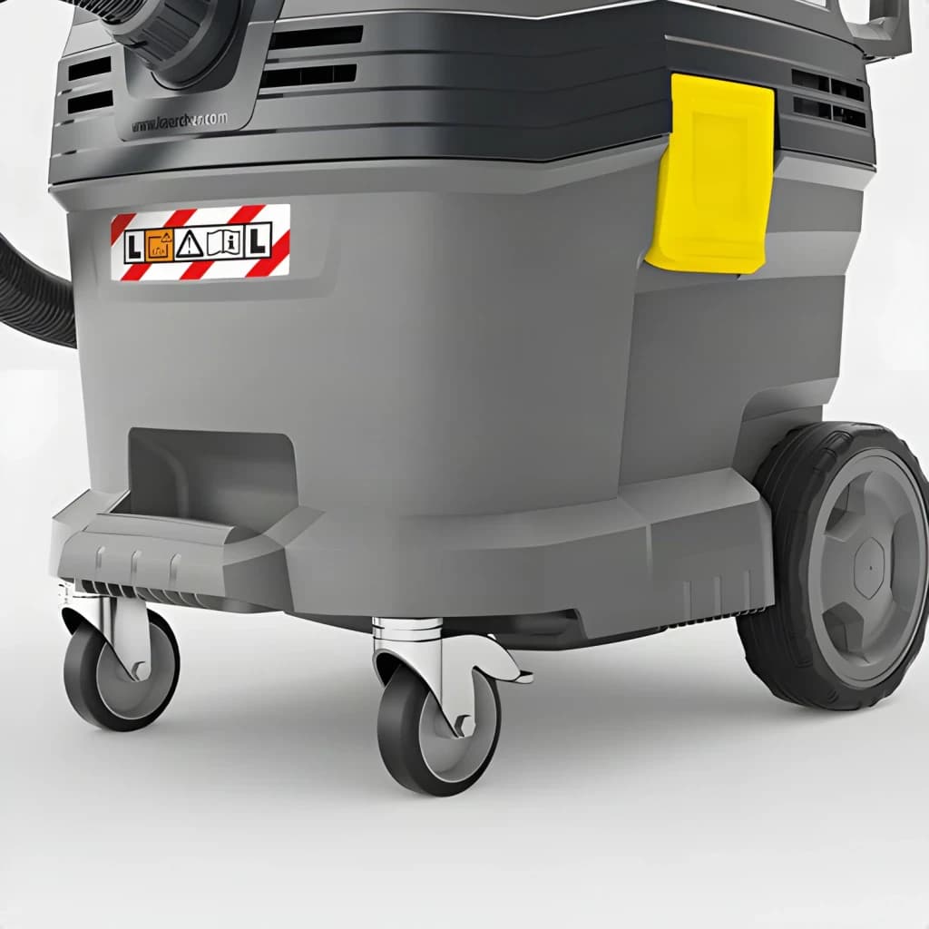Aspirateur sec et humide Kärcher NT 30/1 Tact L 25,4kPa 1380W, détail inférieur: cuve grise, roulettes pivotantes et fixe